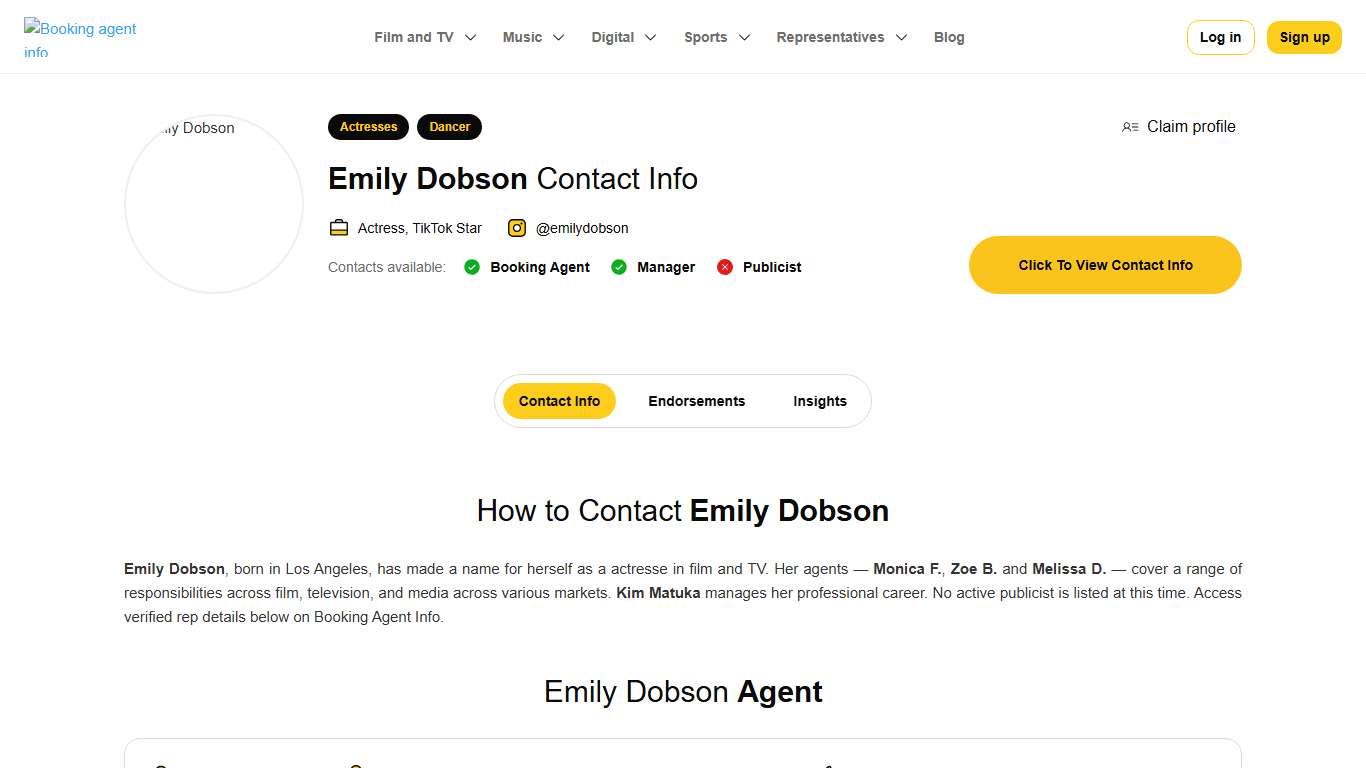 Emily Dobson - Agent, Manager, Publicist Contact Info